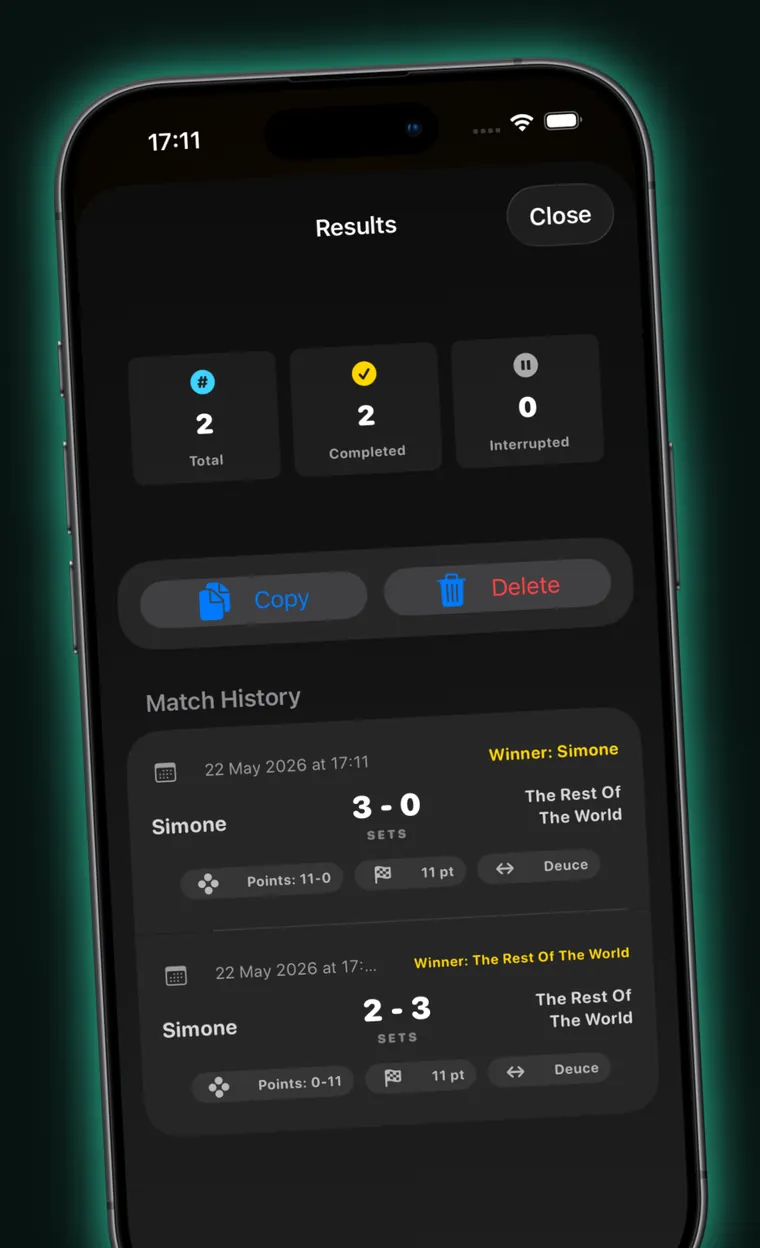 The Ping Pong Counter results screen listing saved matches with their set scores, winners and the rules each was played under.