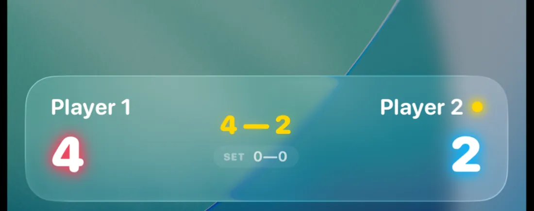 The Ping Pong Counter Live Activity on an iPhone Lock Screen, showing Player 1 on 4, Player 2 on 2, and the set score.