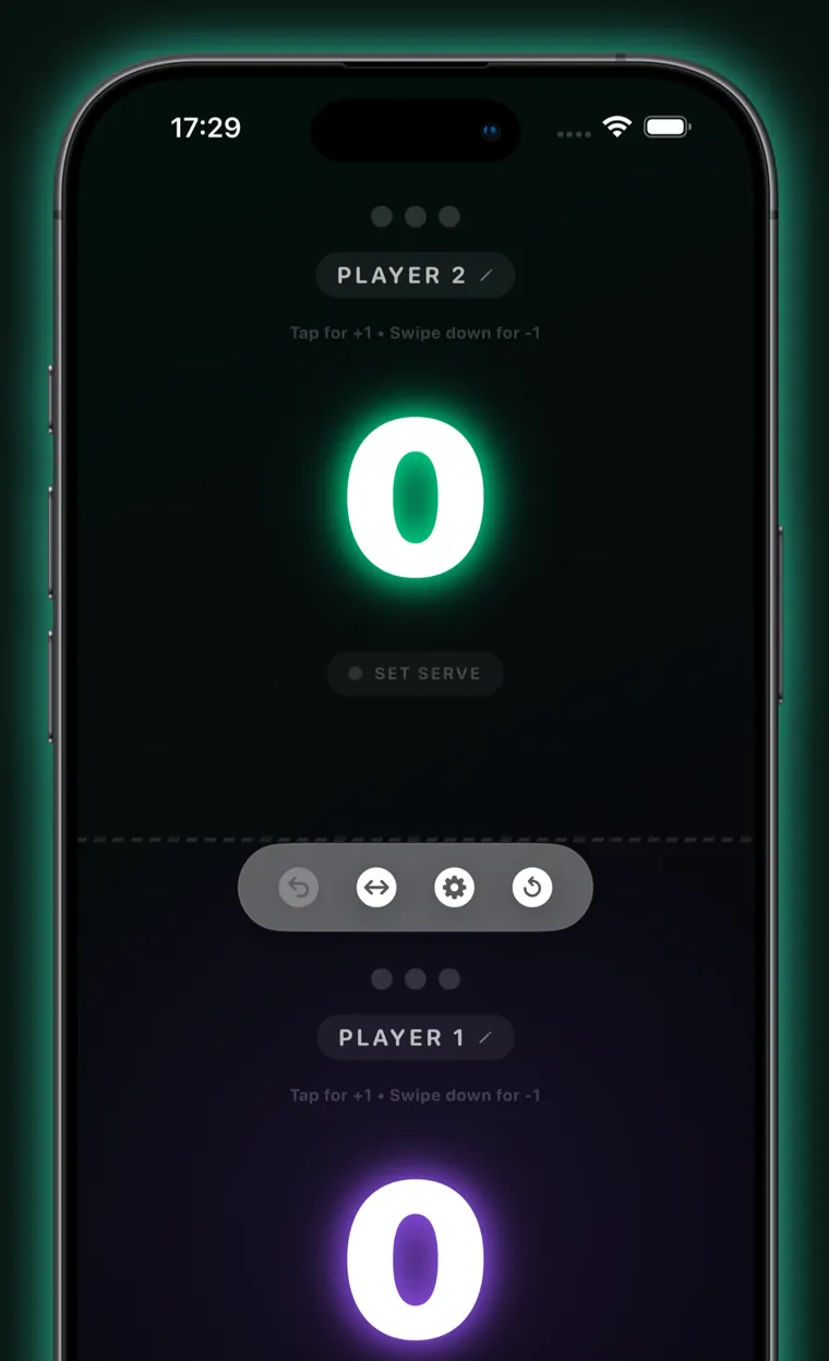 The Ping Pong Counter scoreboard on an iPhone: the screen is split in two, with a hint reading Tap for +1, swipe down for -1 under each player's name.