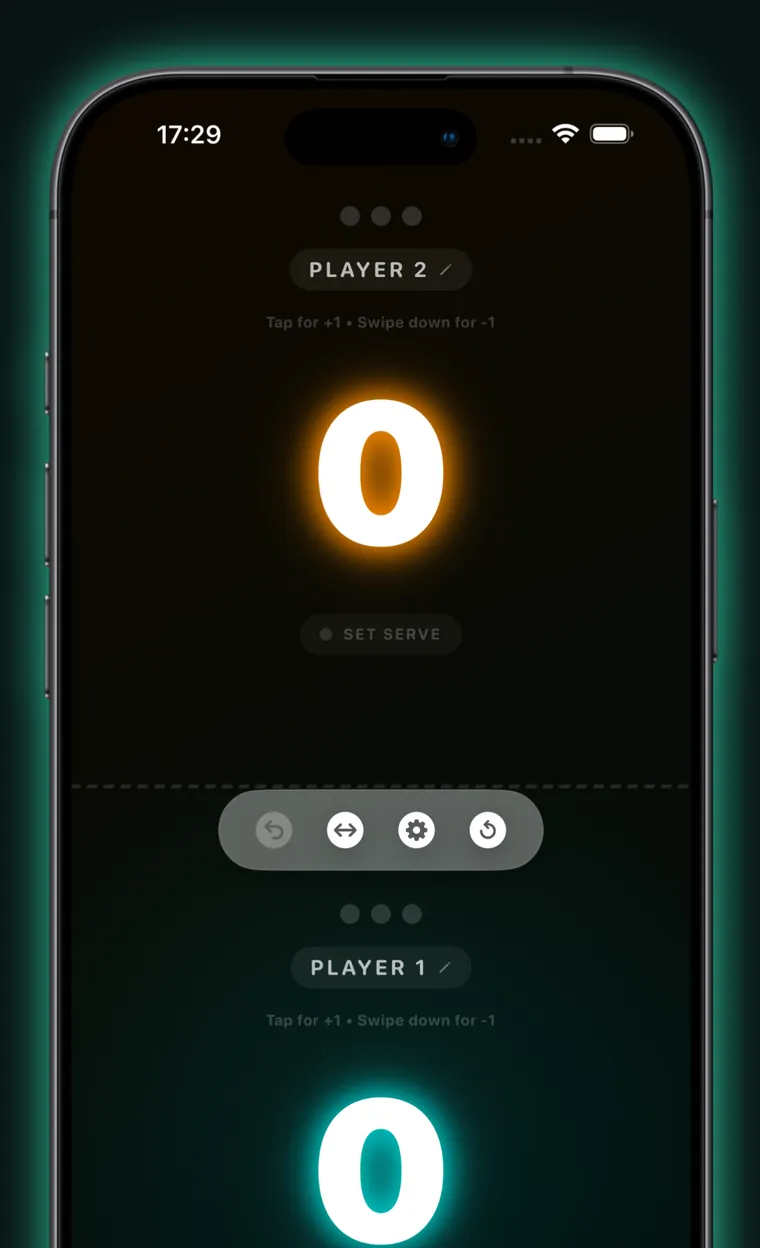 Ping Pong Counter in the Solar Flare theme: an amber glow above and a teal glow below.