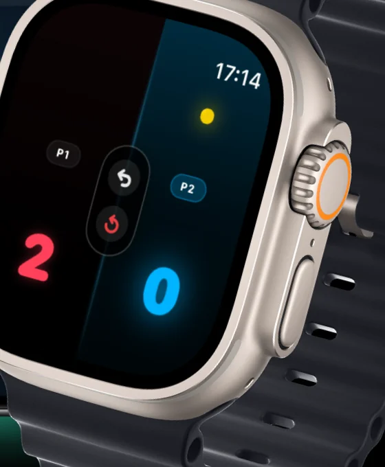 The Ping Pong Counter watchOS app on an Apple Watch Ultra: the screen is split red and blue, showing 2 and 0 with undo and reset controls.