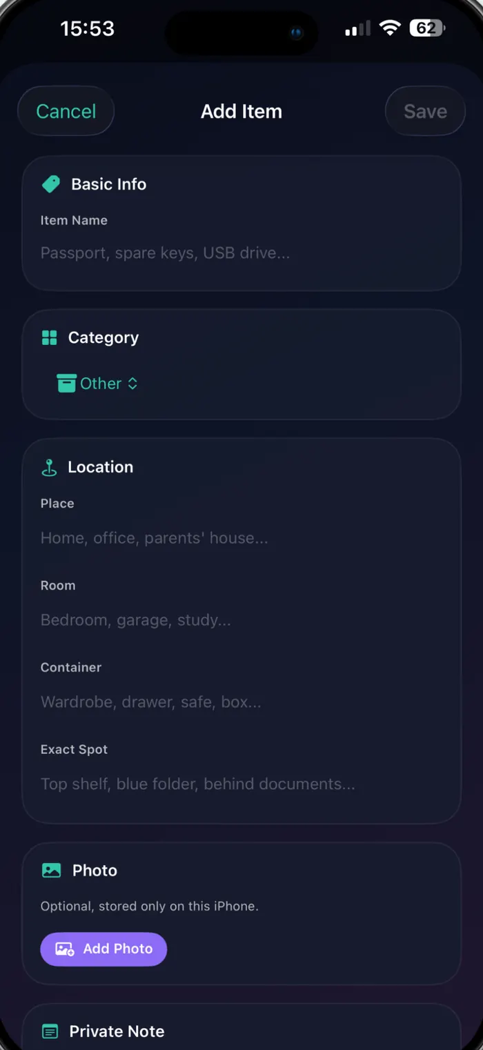 The Add Item screen with fields for name, category, place, room, container and exact spot.
