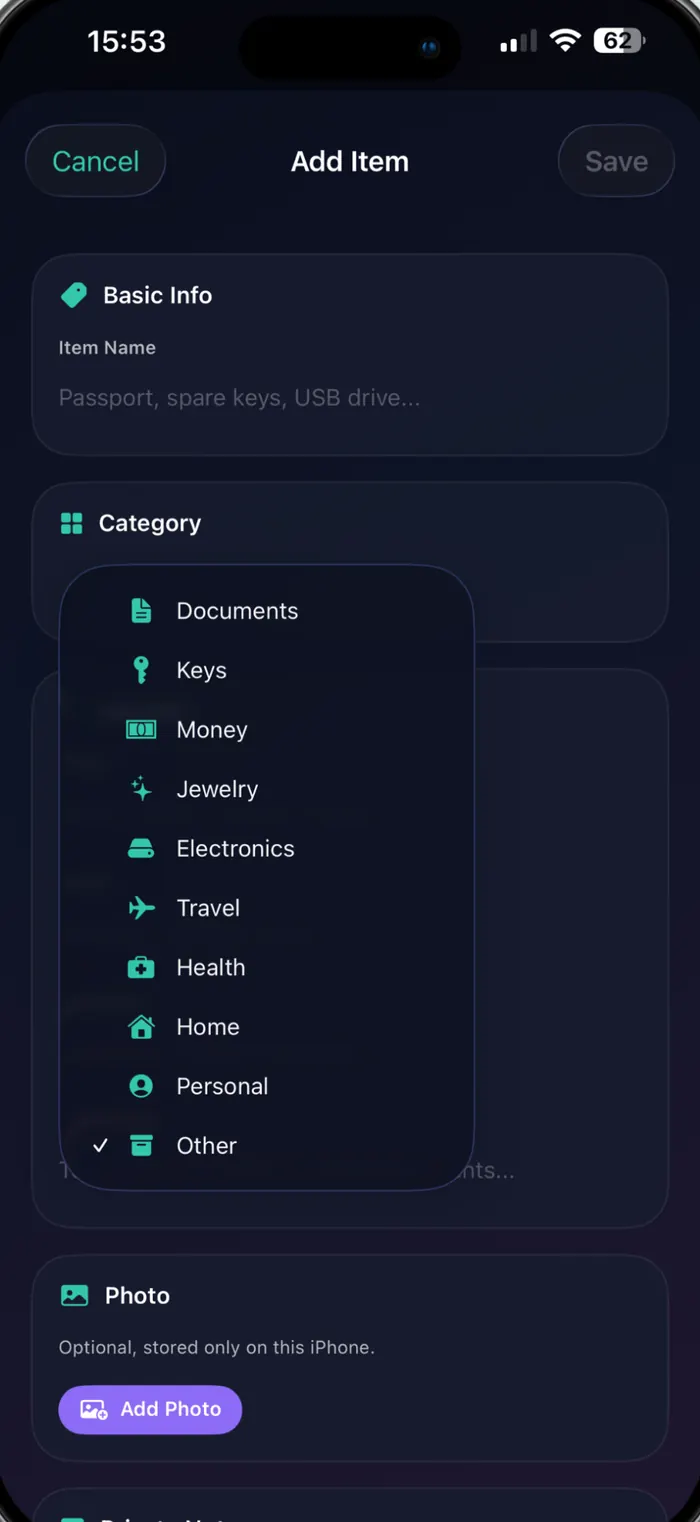 The category picker open on the Add Item screen, showing Documents, Keys, Money, Jewelry, Electronics, Travel, Health, Home, Personal and Other.