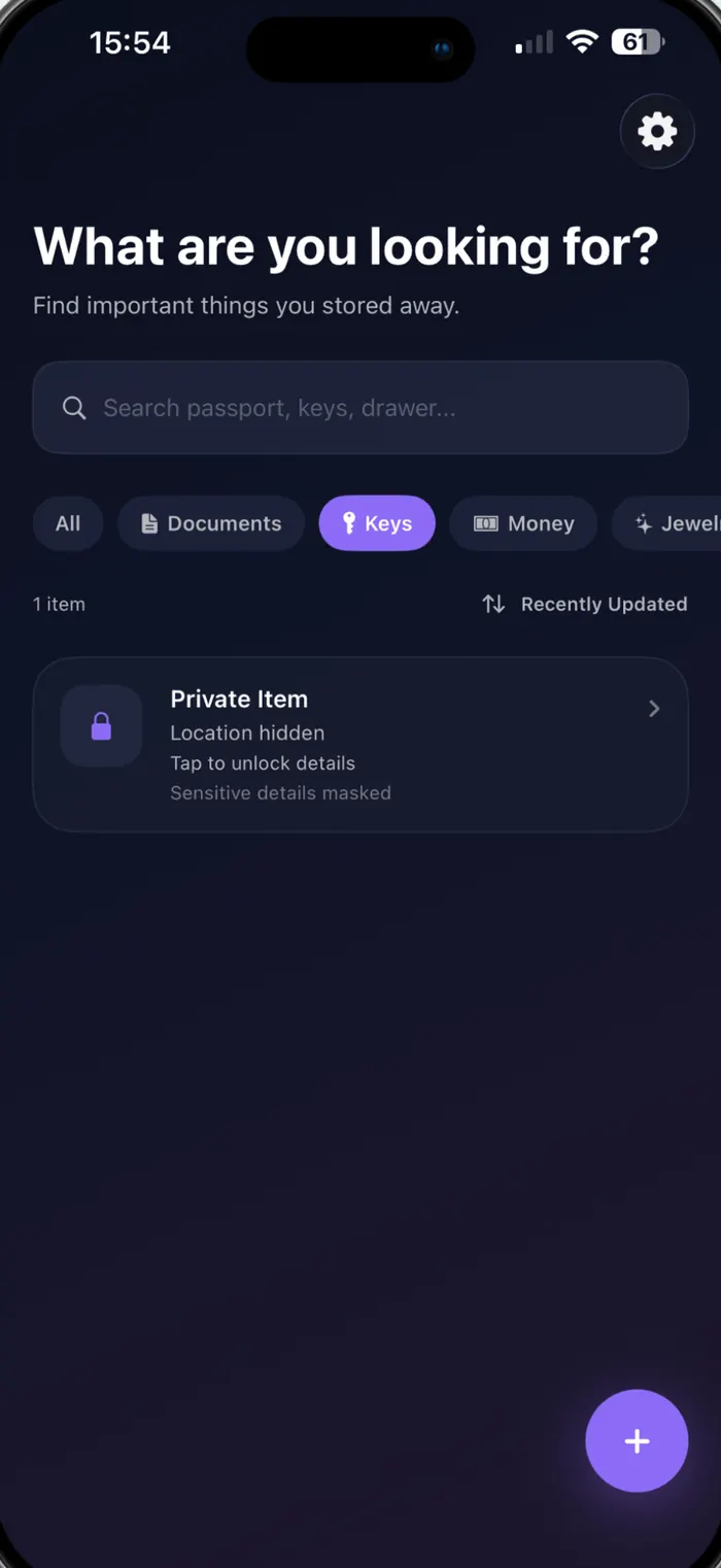 The SafeSpotter home screen with a search field, category filters and a saved item.