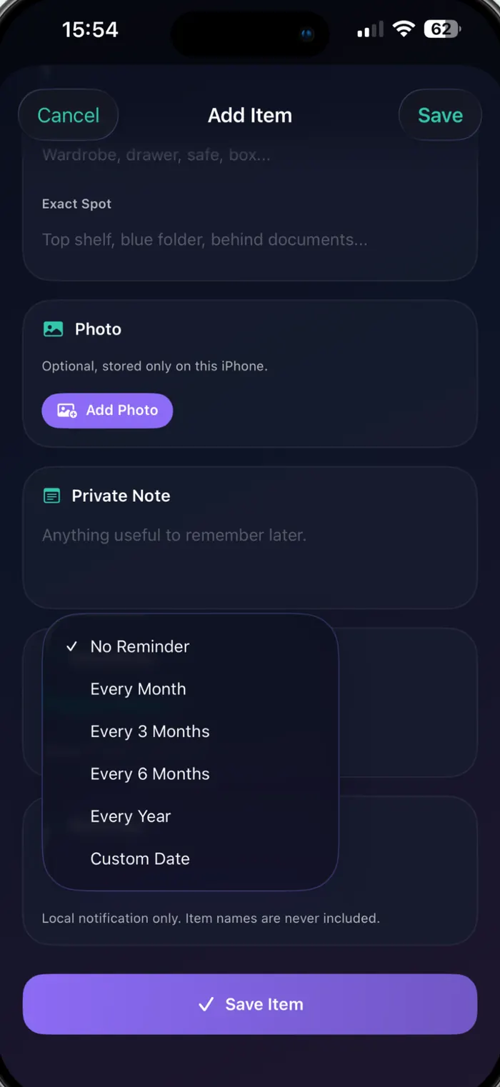 Reminder picker showing No Reminder, Every Month, Every 3 Months, Every 6 Months, Every Year and Custom Date.