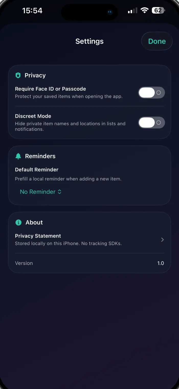 SafeSpotter settings showing the Face ID lock and Discreet Mode switches.